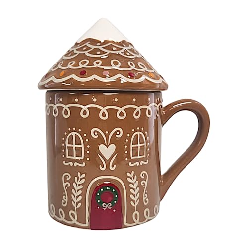 Divas World Tazas navideñas de cerámica con diseño de casa de jengibre y hombre de jengibre y gnomo con tapa, asa, tarros de café y galletas, bonitos tarros estéticos aptos para microondas (forma de