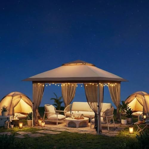 10X10 Ft Instant Pop-Up Gazebo - Modern Waterproof Canopy Tent with Mosquito Netting & Sidewalls, All-Weather Outdoor Shelter for Patio, Garden, Backyard, Party - Includes Wheeled Carry Bag