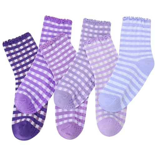 Image of 6 Pairs Women Ruffle Striped Frilly Socks, Cute Checkered Ankle Sock for Women Cotton Knit Casual Crew Socks