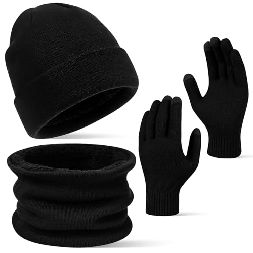 3PCS Winter Beanie Hat Gloves Scarf Set for Women and Men Thermal Knitted Winter Hats Knit Scarf Touchscreen Gloves for Skiing Hiking Driving
