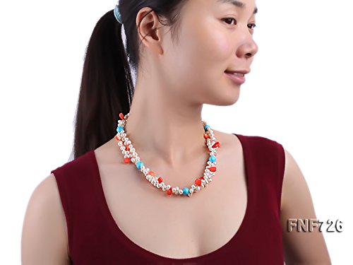 JYX Pearl Necklace Two-strand 6x7mm White Freshwater Pearl Necklace with Corals and Turquoise Beads for Women 19.5" - Image 6