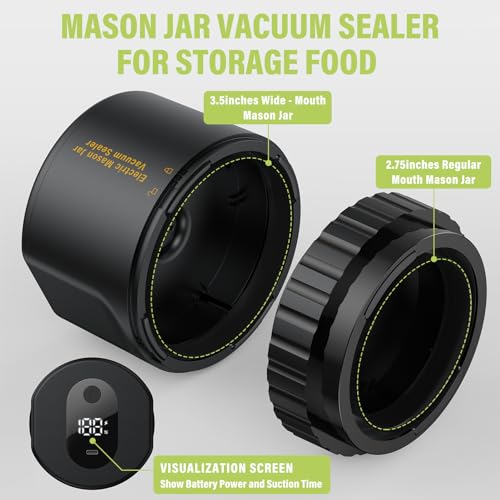 Jelife Machine à emballer sous vide électrique pour bocal Mason – Kit de machine à emballer sous vide pour bocaux à large ouverture et à ouverture normale avec 10 couvercles, 2000 mAh – Noir – vue 2