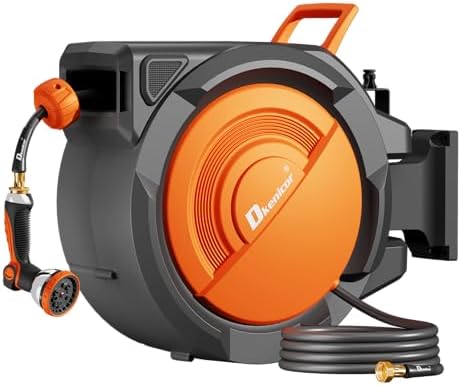 5/8" x 75 ft Retractable Hose Reel, Heavy Duty Retractable Garden Hose Reel Wall Mounted with 10-Pattern Hose Nozzle/Any Length Lock/Slow Return System/180°Swivel Bracket,Orange
