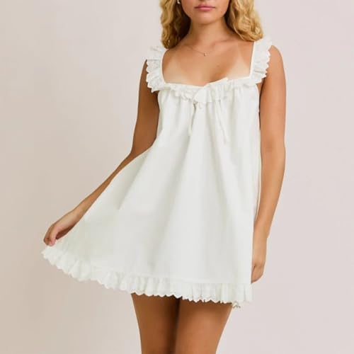 Image of Women Y2K Babydoll Mini Dress Cute Bow Lace Trim Pleated Ruffle Short Sundress Casual Party Vacation One Pieces