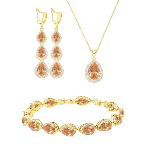 LMXXVJ Champagne Cubic Zirconia Jewelry Sets for Women,18K Gold Plated