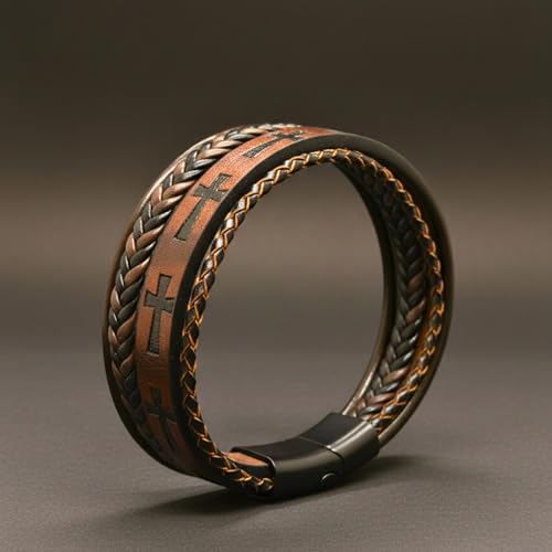 Image of THE MEN THING Leather Bracelet for Men - American Style Genuine Leather Multi-Layer Braided Bracelet with 100% Stainless Steel Magnetic Buckle for Men & Boys (8 inch)