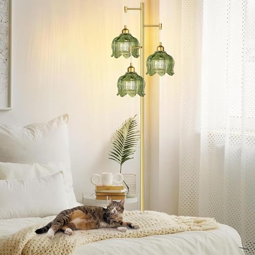 Image of QIYIZM Gold Floor Lamp for Living Room,Bedroom,Mid Century Modern Standing Lamp Brass Tree 3 Light Tall Floor Lamps Vintage Retro Floor Lights Glass Green Flower Lamp Shade Farmhouse Boho Bohemian