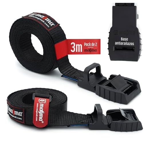 MAGMA Pack 2 Cinchas de Amarre de 3m | Correas para Baca Coche y Portabicicletas. Surf, Bici, Kayak, Moto | Hebilla -Trinquete con Protección de Goma para no rayar | Carga Segura - SWL: 250kgf Negro