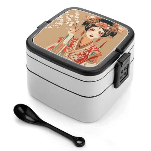 Fiambrera Bento de doble capa, a prueba de fugas, apilable, de una sola pieza, para adultos, con cuchara y asa, para trabajo, picnics y viajes