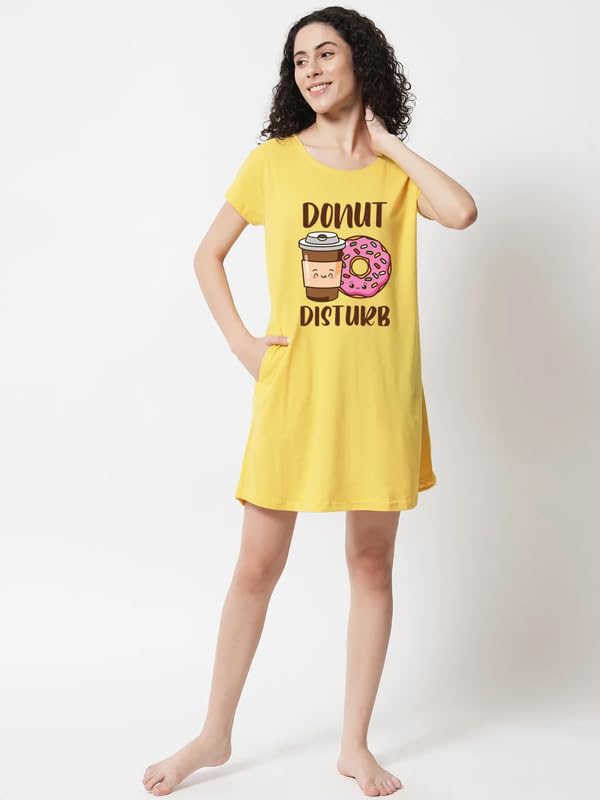 Image of Fflirtygo Women's Cotton Nighty | Printed Knee Length Night Gown |Relaxed Fit Nightwear |Short Nightdress| Long T-Shirt | Sleepwear & Casual Wear Nighty (Pack of 2)