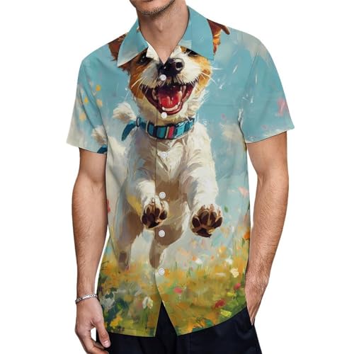 Happy Jack Russell Terrier Dog Running Short Sleeve Shirt for Men Button Down Polo Golf Shirts Tops with Pocket