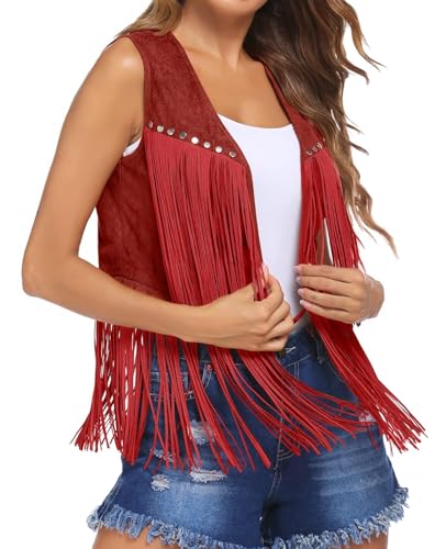 MINTLIMIT Women's Fringe Vest Sleeveless Tassel Jacket Faux Suede Rivets Western Cowgirl Waistcoat 70s Hippie Outfit