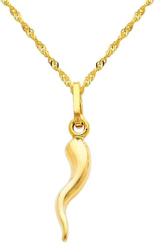 14k REAL Yellow Gold Cornicello Italian Horn Pendant with 1.2mm Singapore Chain Necklace