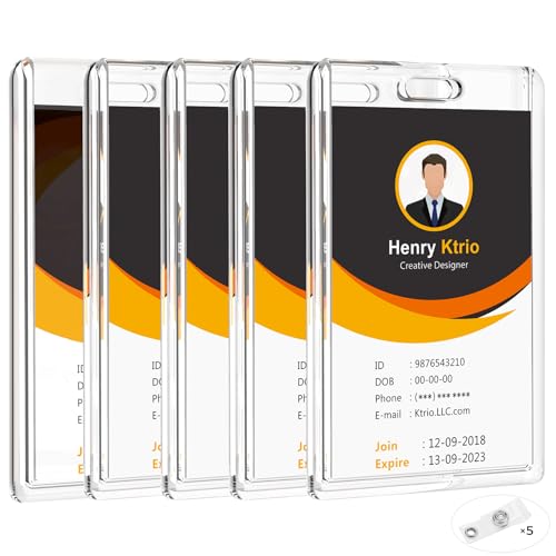 KTRIO ID Badge Holder, Clear Acrylic Card Holder with Thumb Slot, Holds 2 Cards, Vertical Badge Holder for Nurses, Students, Office Staff, 5 Pack