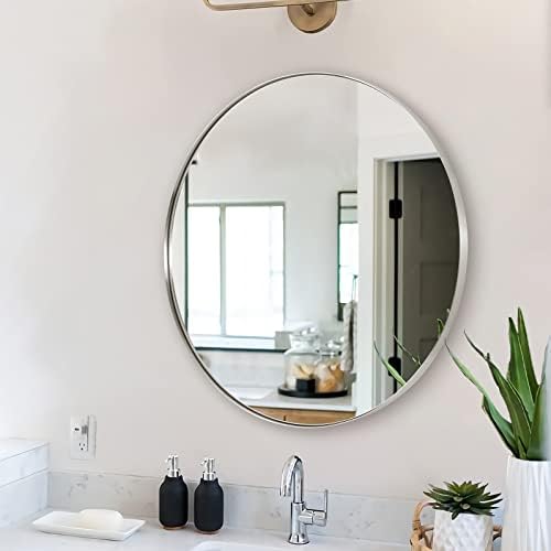 ANDY STAR Nickel Round Mirror, 26’’ Brushed Sliver Circle Bathroom Mirrors in Stainless Steel Metal Frame 1" Deep Set Design2