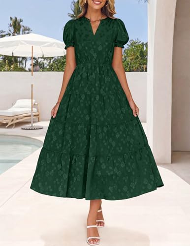 Image of ZESICA Womens Summer Floral Flowy Midi Dress 2026 Puff Short Sleeve V Neck Ruffle Tiered Beach Vacation Party Dresses