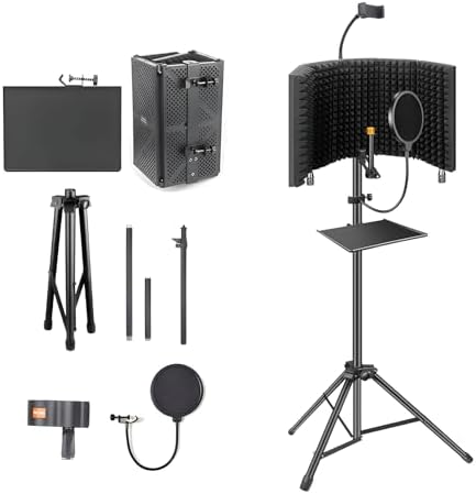 ASDJAKZP Microphone Isolation Shield, Recording Microphone Stand Isolation Shield with Pop Filter & Tripod Stand, Professional Recording Studio Podcast Equipment with Phone Holder for Studio Podcasts