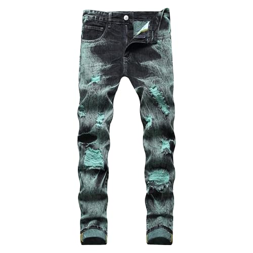 Men's Straight Leg Slim Fit Jeans Vintage Distressed Denim Pants Fashion Washed Ripped Jean Trousers (Green 3,30)