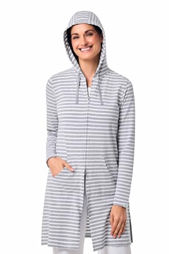 Coolibar Women's Long Zip-Up Hoodie - UPF 50+ Sun Protection - Cabana in Grey/White Stripe