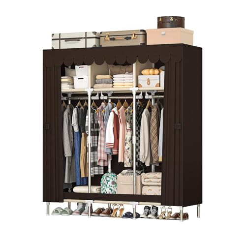 LEAIJIAFY ポータブルワードローブクローゼット メタルフレーム付き ディープレッド&ブラウンファブリックカバー 3段収納 吊り下げロッド付き 衣類/寝具用の3つの収納エリア。
