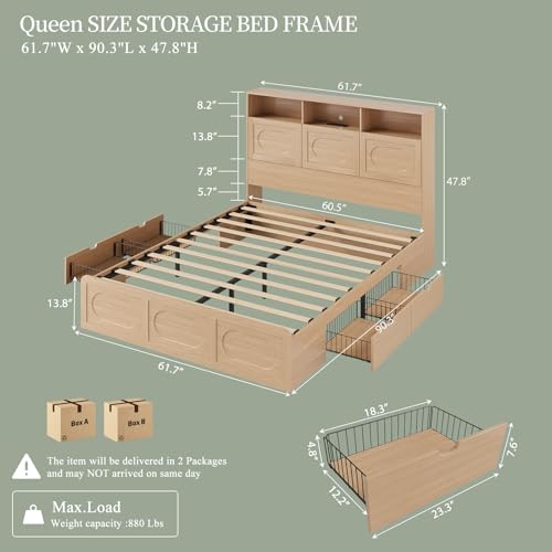 Image of 2 Pieces Bedroom Set, Queen Size Bed Frame with Storage Headboard, Nightstand with Charging Station, Natural Oak