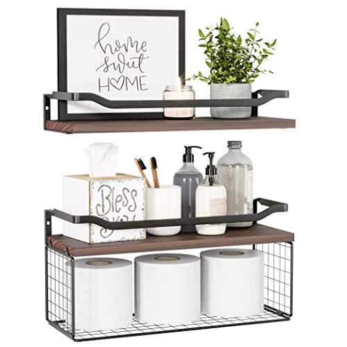 WOPITUES Floating Shelves with Wire Storage Basket, Bathroom Shelves Over Toilet with Protective Metal Guardrail, Wood Wall Shelves for Bathroom, Bedroom, Living Room, Toilet Paper- Dark Brown