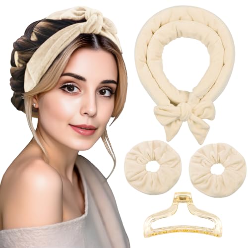 Heatless Curls Hair Curlers to Sleep in – Velvet No-Heat Overnight Curling Rod Headband Set for Long Hair, with Scrunchies & Clip, Wake Up to Beach Waves (Beige, Pack of 1) -  Eutonys