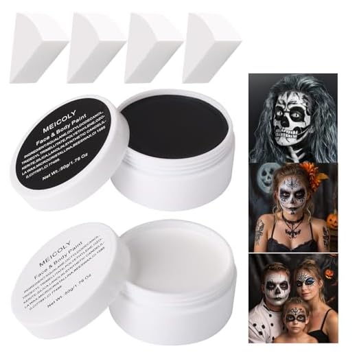 MEICOLY Black Face Paint Clown White Makeup,Classic Pro Oil Based Face Paint,Body Paint for Adults, SFX Joker Zombie Vampire Skull Skeleton Cosplay Halloween Makeup with 4 Sponges,100g/3.53 oz