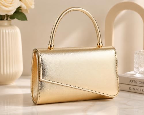 Women’s Gold Evening Clutch Purse with Top Handle, Cross Texture Metallic Formal Handbag for Party, Prom, Evening Bag with Detachable Chain Strap - 2