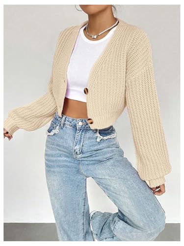 SweatyRocks Women's V Neck Cropped Cardigan Button Up Lantern Long Sleeve Sweater Outwear3