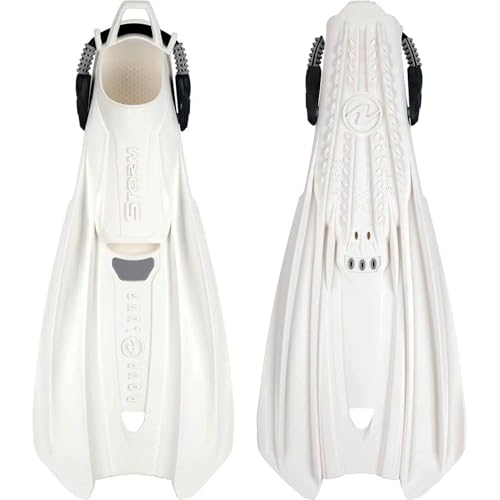 Aqualung Storm Dive Fins | Lightweight Monprene Open-Heel Travel Scuba Fins with Ergonomic Foot Pocket, Silicone Bungee Strap, Compact Channel Blade & Underside Deck Grip, White/White, Large/X-Large