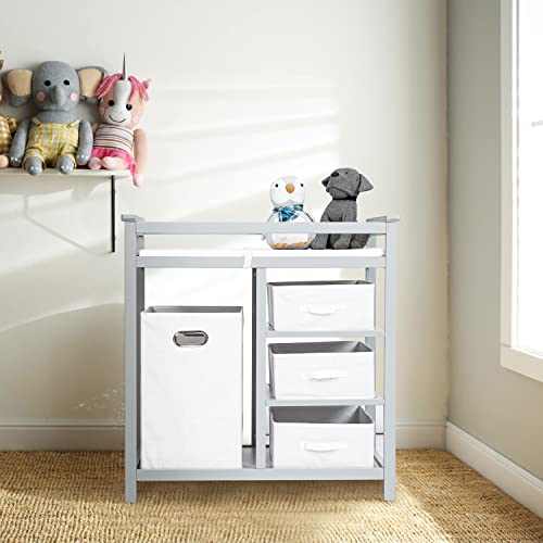 Obbao Changing Table, Baby Changing Table, Changing Table With Hamper, 3 Storage Baskets Drawers, Safety Strap And Removable Pad, Grey #TOP6