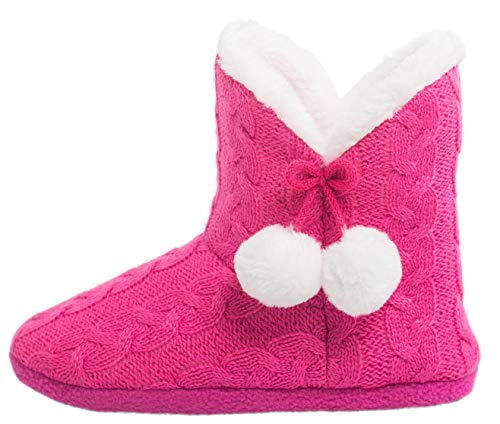 AIREE FAIREE Zapatillas de Casa para Mujer Pantuflas Mujer Invierno Casa con Bordes del Tejido de Punto y Pompons (Pequeño EU 36-37, Rosa)