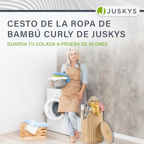 Juskys Cesto para la ropa de bambú Curly-Round — Volumen de 55 litros - Cubo para la ropa con tapa, asa y bolsa para la ropa de tela — Cubo para la ropa con 1 compartimento — Natural - imagen 7