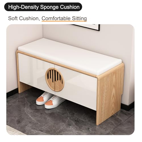 Banc à chaussures en bois avec coussin en cuir confortable pour entrée