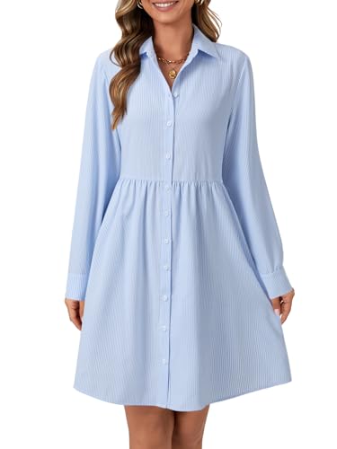 KIFOVEN Women's Striped Shirt Dress Button Down Collar V Neck Long Sleeve Casual Mini Dress Azure X-Large
