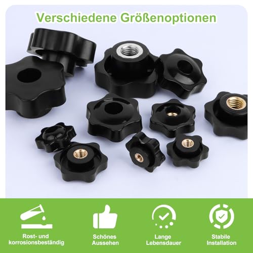 Sterngriffmutter M6 Sterngriff Stern MutternDurchmesser 38mm 9stk Innengewinde Klemmknopf Kunststoff Griffmuttern Schwarz für Maschinen und Anlagen Möbel Werkzeugmaschinen Fitnessgeräte