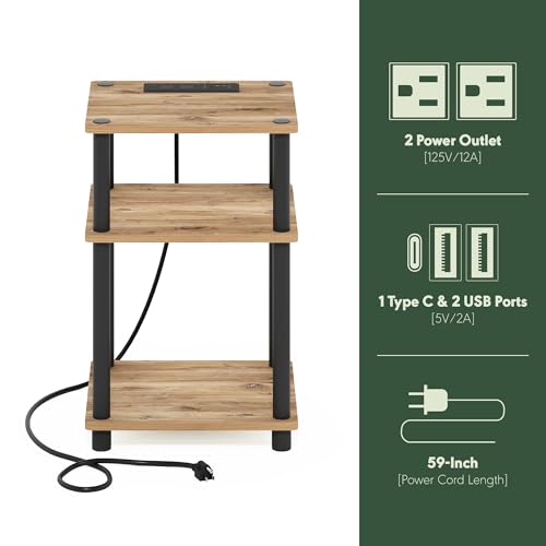 Image of Furinno Just 3-Tier Turn-N-Tube USB and Type-C Charging Port End Table with Open Storage, Flagstaff Oak /Black, Set of 2