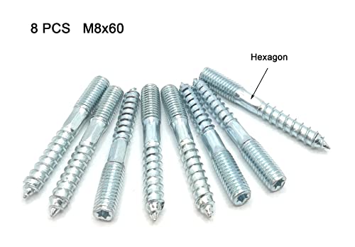 Image of Hanger Bolt M8x60 Silvery Double Headed Bolt Self-Tapping Screw with Hexagon for Furniture 8Pcs