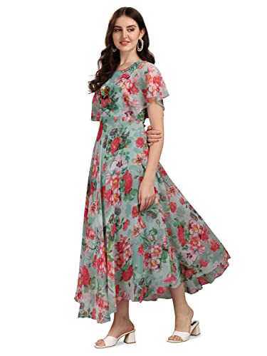 Image of Fashion2wear Women's Georgette Floral Digital Print Short Sleeve Full-Length Fit & Flare Long Gown Dress for Girls (LN-X9TQ-MN1D)
