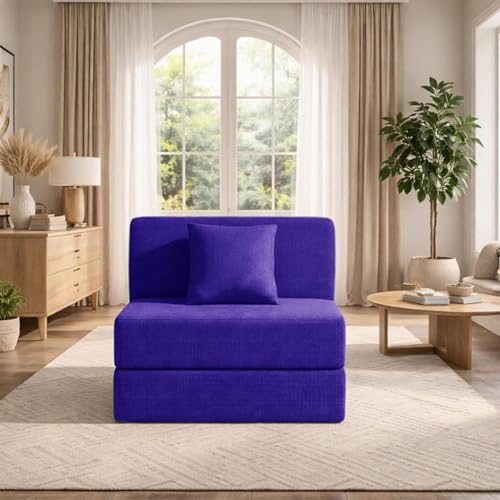 Image of Modern Jute Fabric Sofa Cum Bed with Cushion | 1-Seater Convertible Sleeper Sofa | Space Saving Folding Couch for Living Room, Bedroom & Guest Room-Purple