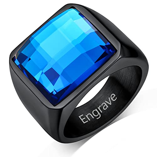 Custom4U Men's Gemstone Rings,Stainless Steel/Black/Gold Plated Blue Stone Square Signet Rings/Skull Rings,Pinky Thumb Ring,Size 7-14,Gothic Punk Jewelry Customized(Gift Box) D-Stone 15mm-Bl