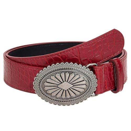 Tgirls Red Belts for Women Vintage Cowgirls Leather Belt Country Western Belt with Silver Buckle
