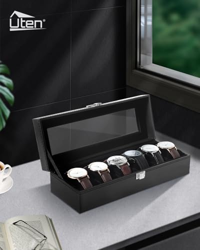 Image of Uten Watch Box, 6 Slots Watch Case, Watch Organizer Jewelry Storage with Large Glass Lid, Black Lining, Watch Display Box for Men & Women Gift