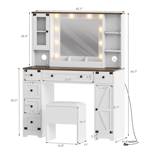 GarveeHome Makeup Vanity and Stool, Vanity Desk with Lights, White Vanity Table with Charging Station, 6 Drawers and Cabinets