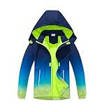 BuyiRen Boys Windbreakers Jacket Rain Jackets Hooded Raincoat Fleece Lined Rain Coats for Kids, Ombre Blue, 7-8 Years