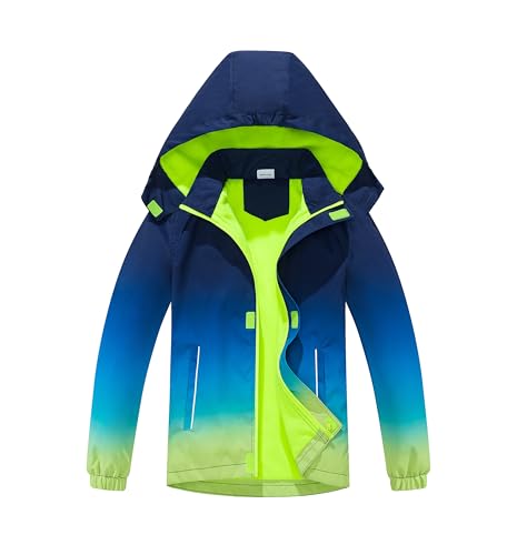 BuyiRen Boys Windbreakers Jacket Rain Jackets Hooded Raincoat Fleece Lined Rain Coats for Kids, Ombre Blue, 9-10 Years