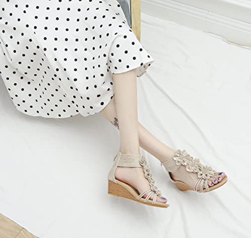 Fralosha Wedge Sandals For Women Open Toe Casual Summer Flower Roman High Heel Breathable Beach Sandals Gold 8 #TOP6