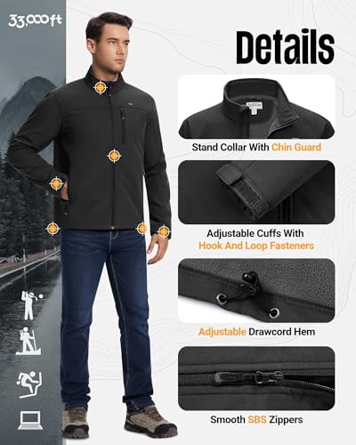 33,000ft Softshelljacke für Herren Wasserdichte Übergangsjacke Fleece Gefütterte Winddichte Outdoorjacke Funktionsjacke für Outdoor Freizeit Schwarz M