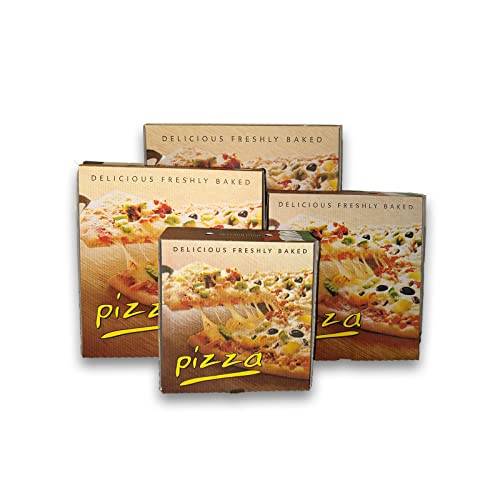 FR Enterprises - 10 inch Printed Cardboard Pizza Boxes - Lightweight Disposable Square Takeaway Pizza Box - Easy to Transport Brown Pizza Style Postal Boxes with Rear Vent Hole - 10 Pieces